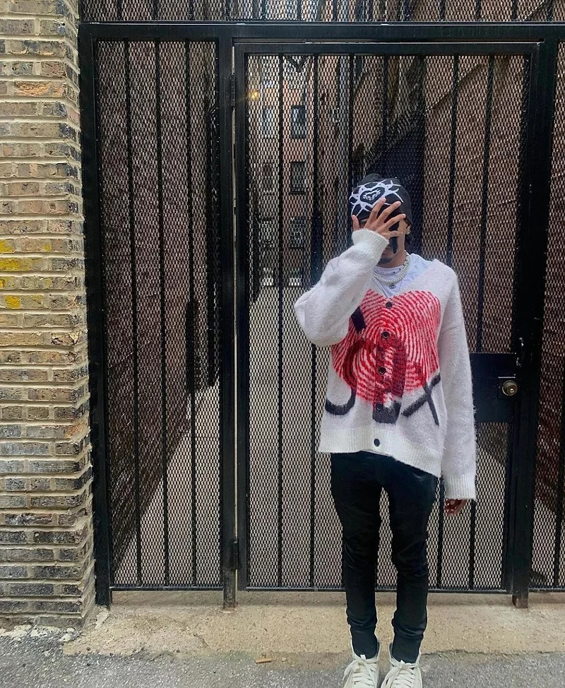 Harajuku love Red pattern knitted buttoned Cardigan sweater punk rock gothic vintage Unisex Y2K Loose Vintage O Neck Knitwear 250617