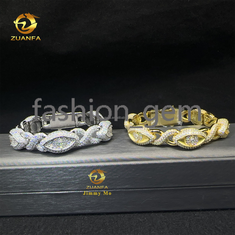 Wholesale Price 10mm 13mm Silver Real Gold Plated Hip Hop Jewelry Iced Out Moissanite Diamond Evil Eyes Infinity Cuban Bracelet