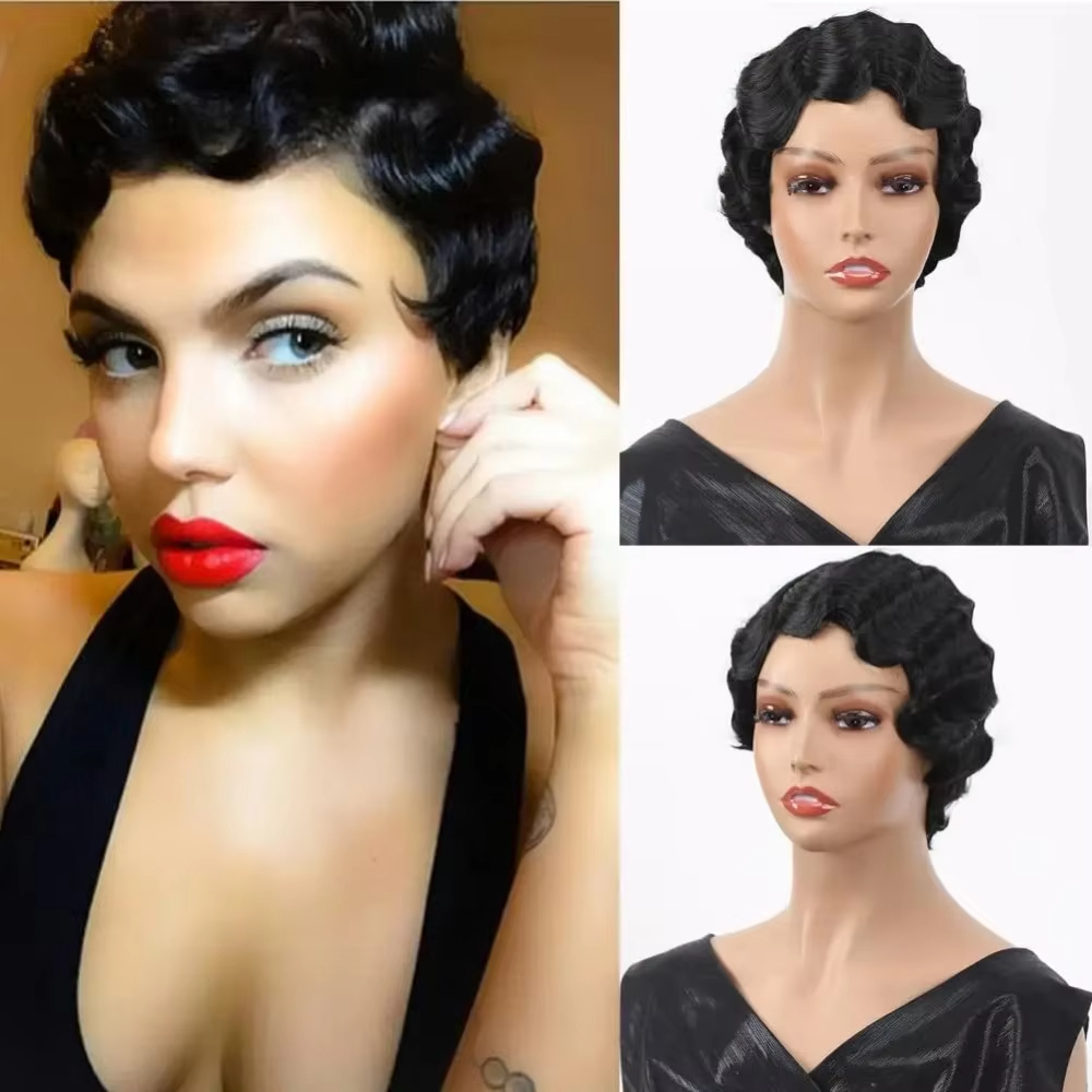 100% Human Hair Pixie Cut Short Bob Wavy Wig Curly Black Colored Cute Wig African Black Wigs for Women Mommy Wig Short Pixie Cut Wigs Vintage Short Ha