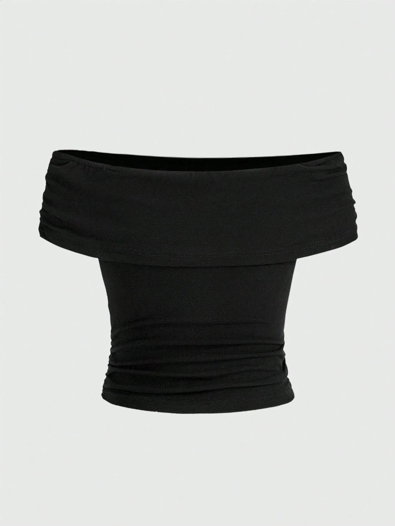 Sexy Off The Shoulder Fold Over Collar Pleated T-Shirt Women Summer Solid Color Slim Fit Crop Tee Top Streetwear Y2K 250614