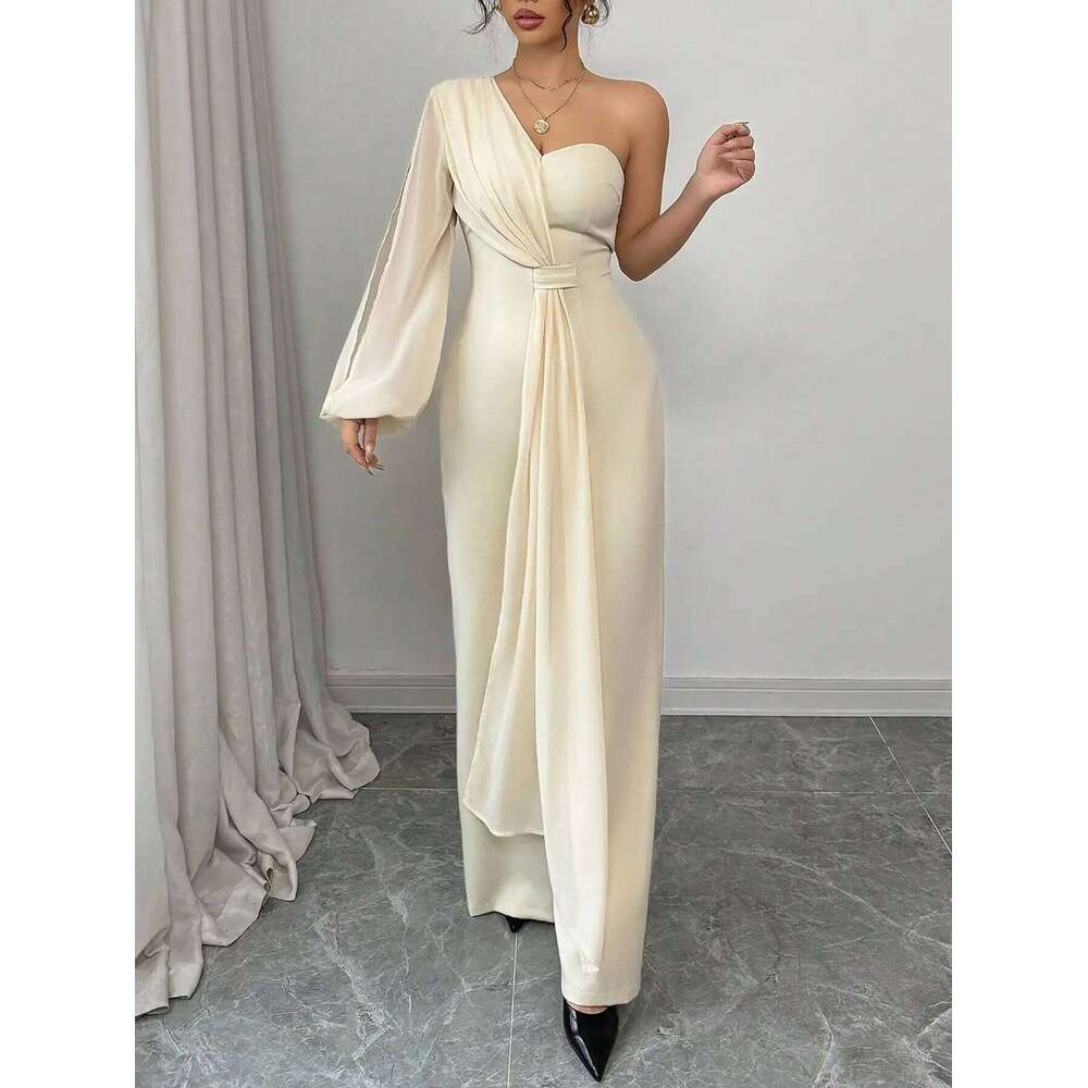 Wear Elegant One-Shoulder Single Long-Sleeved Half Strapless Half-Backed Half-Edged Chiffon Spring And Summer Ladies Jumpsuit