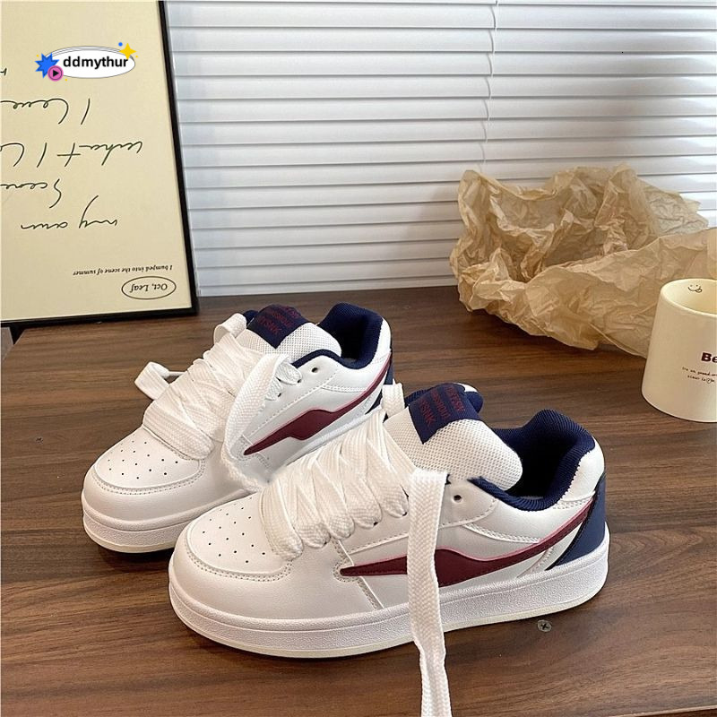 Zhao Lusi Style Burgundy Thick-Soled Bread Shoes Women, Ins Trend 2024 Autumn Versatile Casual Sneakers for Women ddmythur