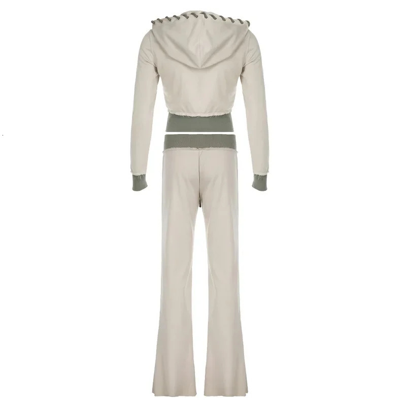 Leosoxs Patchwork 2 Piece Set Tracksuit Women Zip Wide Waist Crop Hooded Pocket Jacket Sporty Pants Matching Casual Basic Suit 250617