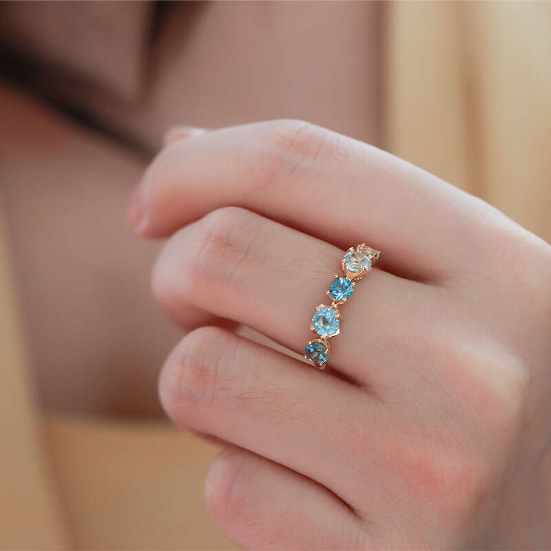 New Gradient Blue and White Topaz Multi-Zircon for Women, Gold-Plated Light Luxury Open Ring