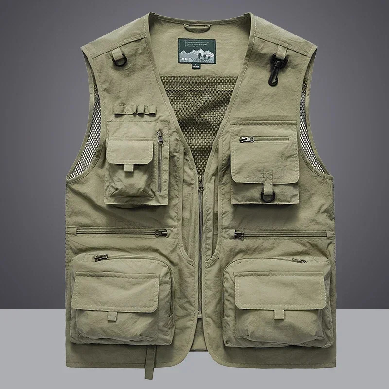Mens Work Vest Summer Solid Color Multi-pocket Casual Loose Outdoor Fishing Pography Coat Mens Sleeveless Jacket 250617