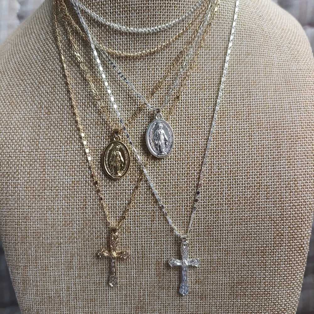 Three Layer Necklace Oval-shaped Virgin Mary Madonna Pendant Jesus Cross Metal Plated Chain Women Gift W250618