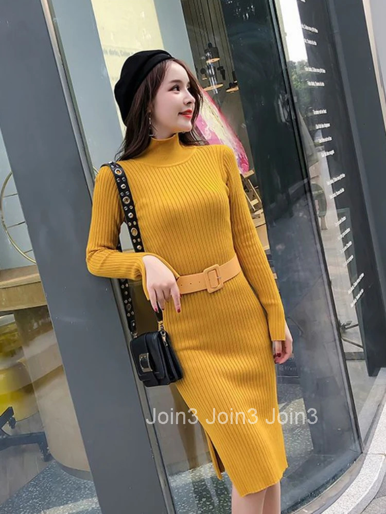 Womens Dresses Crochet Knee Length Brown Knit Clothing Cover Up Solid Turtleneck Bodycon Midi Female Dress M Autumn and Winter