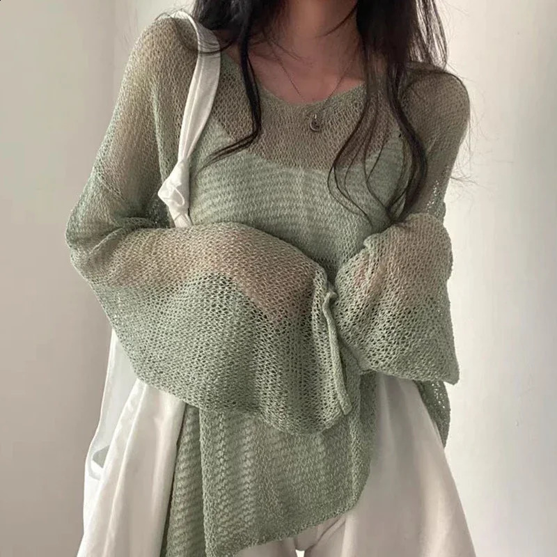 Women Hollow Out Sexy Loose Shirts Knit Lantern Sleeve Casual Tops Beach Mesh Chic Tees For Women Autumn Winter 250614