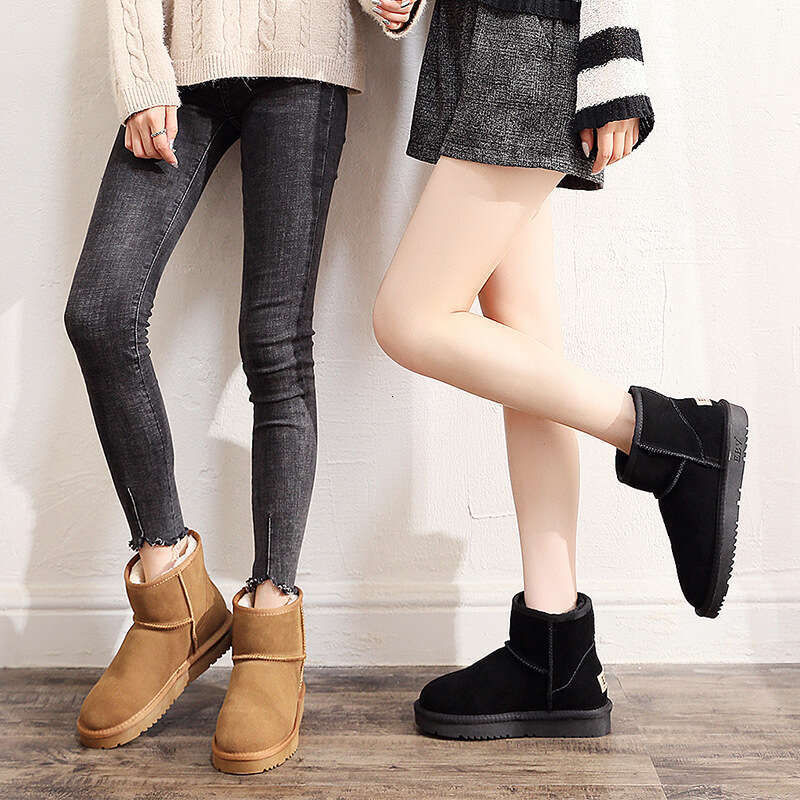 EBV Cowhide Snow for Women, Short Boots, Sheepskin Integrated, Versatile Women's Cotton Shoes, Leather Boots with Fleece and Thickened