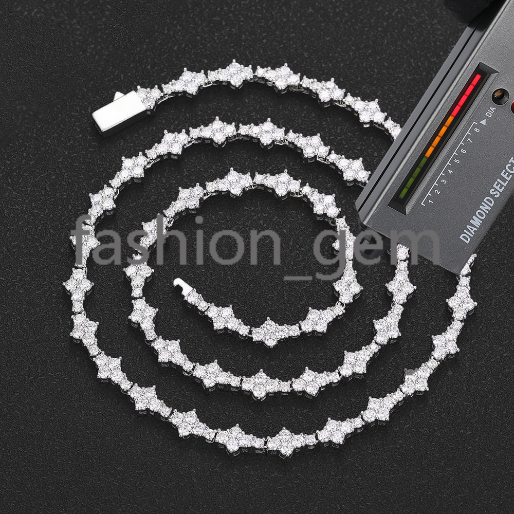 6.5mm Iced Out VVS Diamond Flower Shape Tennis Chain Hip Hop Jewelry 925 Sterling Silver Moissanite Tennis Chain Necklace