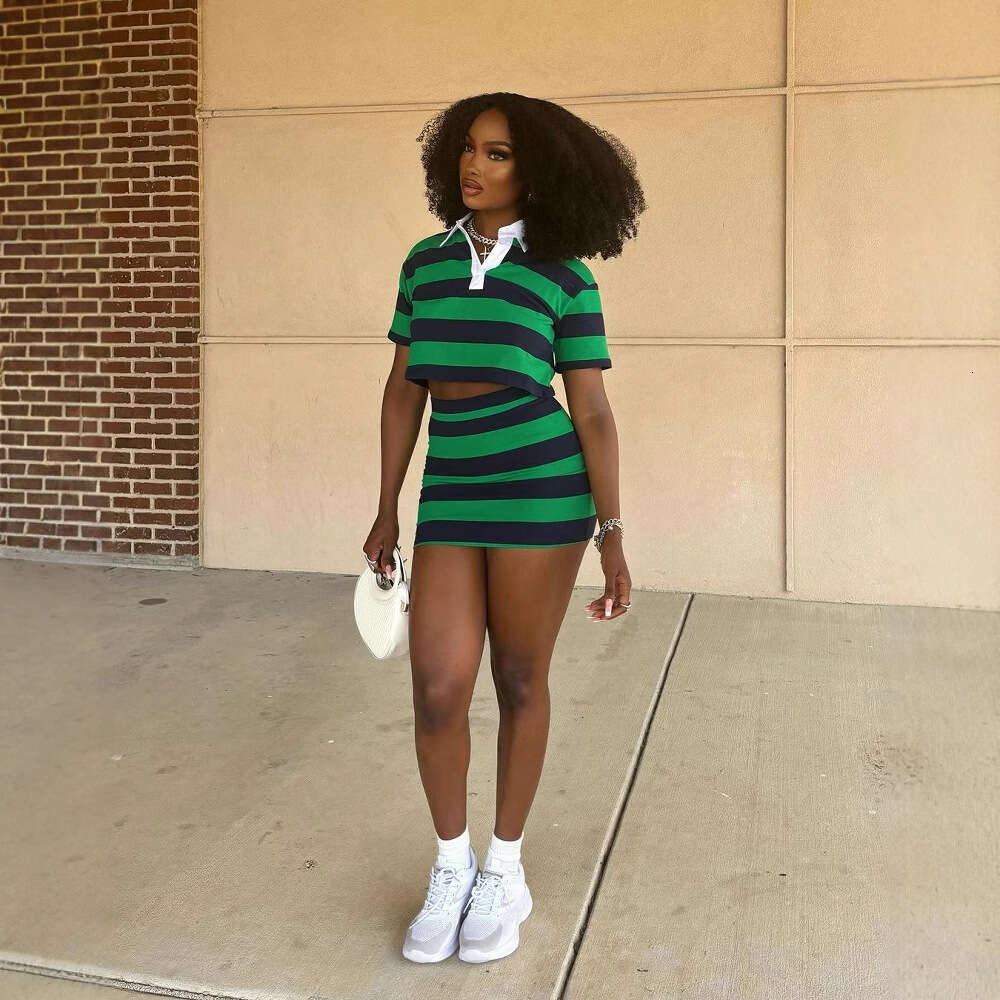 New Fashion Striped Color-Block Short Crop Top With Long Sleeves And Turn-Down Collar, Bodycon Skirt Set B5