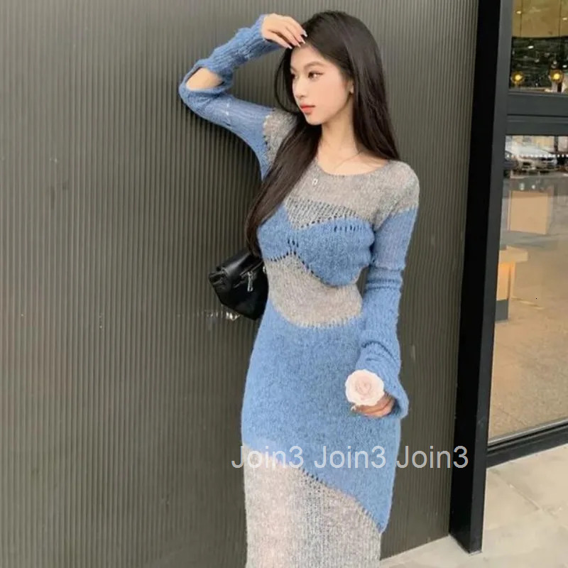 Knit Womens Dresses Sexy Daring Female Dress Maxi Hollow Out Robe Clothing Bodycon Evening Colorblock Crochet Long New In