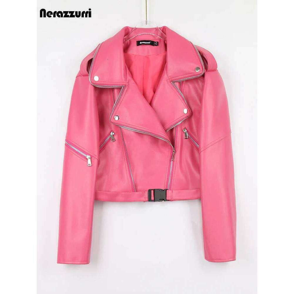 Nerazzurri Spring Autumn Colored Green Black Short Leather Biker Jacket Women Zipper Cool Designer Clothes Fashion 2022