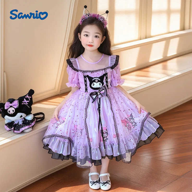 Sanrio 2025 Cosplay Sanrio Kuromi Lolita Princess Dress Summer Bow Puffy Skirt Dress Suit Children Birthday Party Costume Girls GiftsXJ250618
