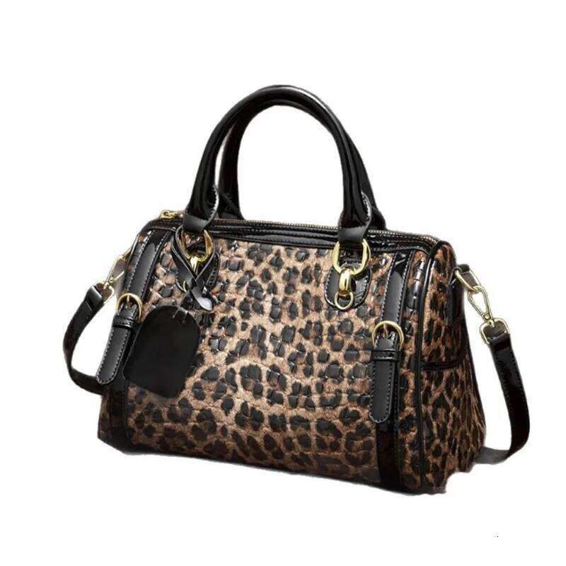 2025 New Crossbody Shoulder Leopard Print Women's Handbag Leather Large Capacity Boston Pillow Bag