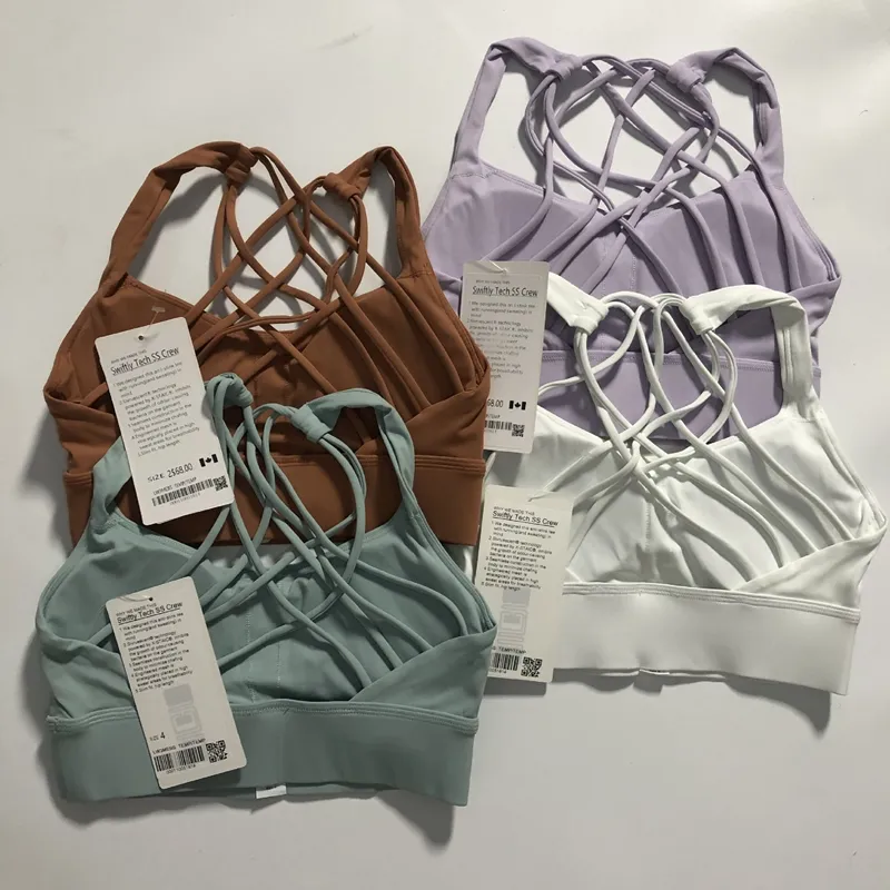 Sports Yoga Bra With Chest Pad Women Back Cross Sports Bra Quick Drying Breathable Underwear Gym Running Brassiere Sexy Soft Solid Color Racerback Tan