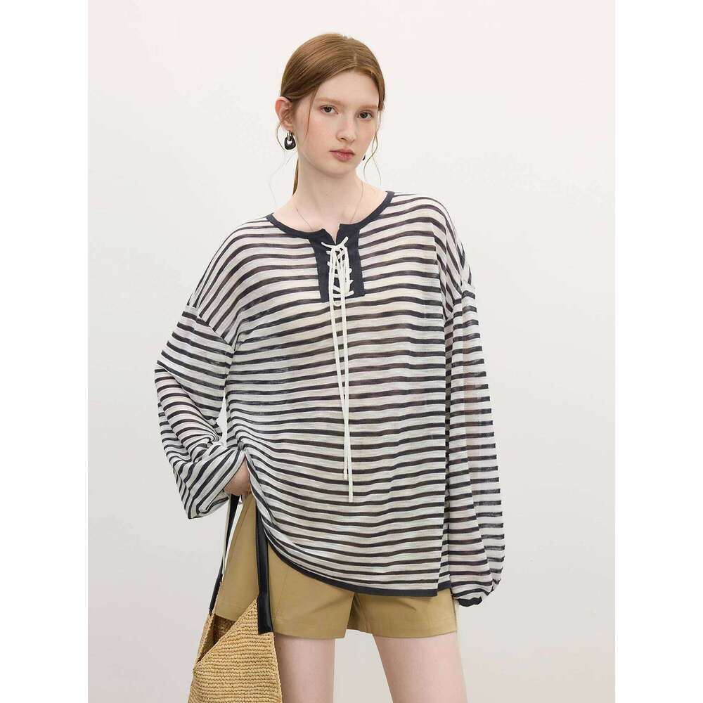 FSLE French Elegant Holiday Striped Shirt For Women 2025 Summer Sailing Sunscreen Breathable Long-sleeved T-shirt Top 25FS12847