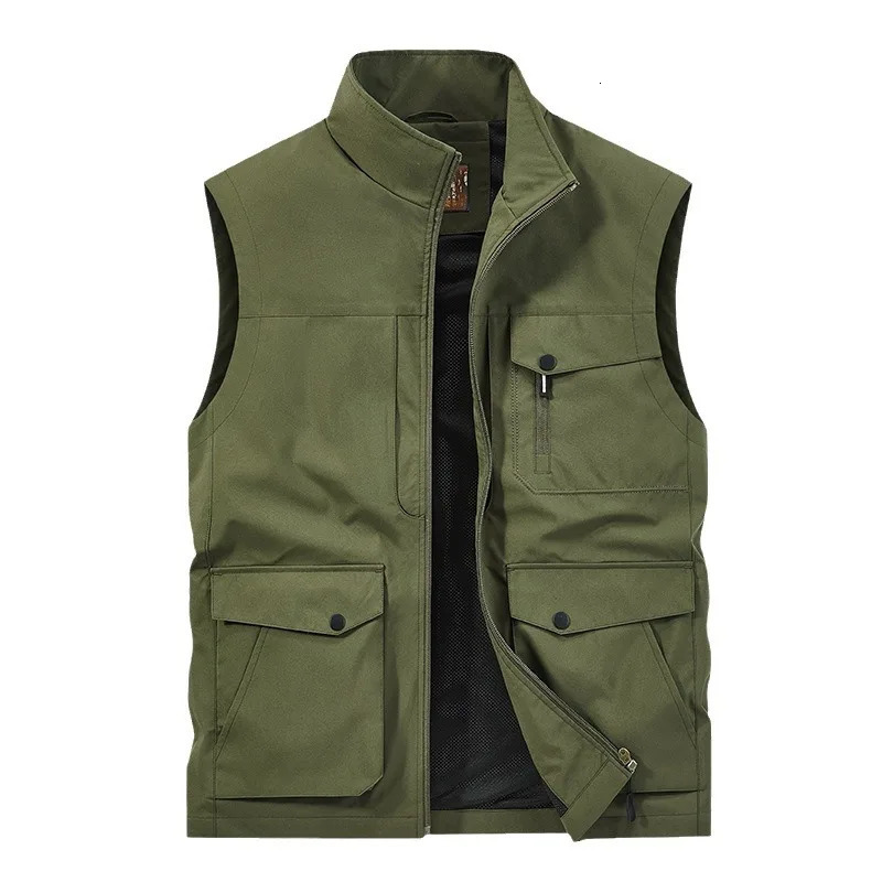 Mens Thin Tooling Loose Quick Drying Vest Mens Outdoor Sports Coat Multi Pocket Stand Collar Vest Spring Camping Fishing Vest 250617
