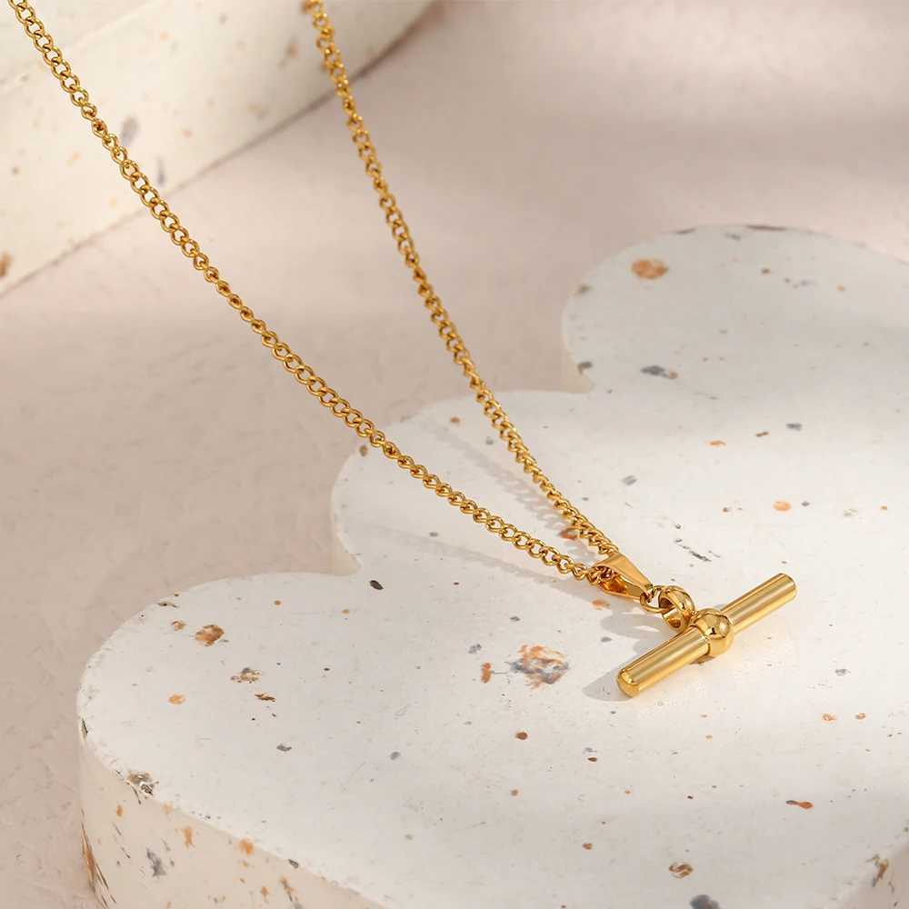 E.B.belle Stainless Steel 18K Gold Plated Minimalist Design T Bar Pendant Necklace For Women Girls Ladies Gold Jewelry W250618