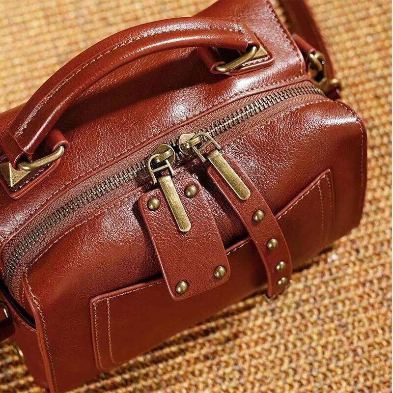 Women's Genuine Leather Boston Handbags Vintage Style Women Shoulder Bag High Quality Cowhide Crossbody Bags 9239
