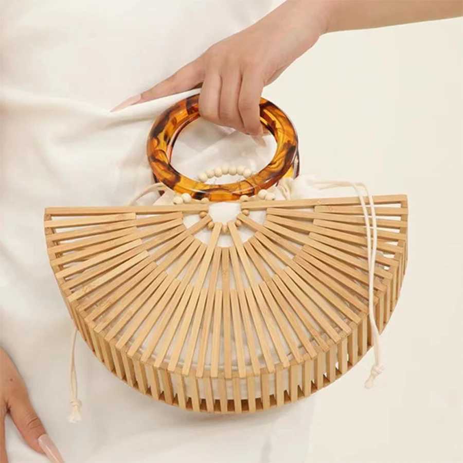 Vintage Half Round Bamboo Beach Handbags Women 2023 Summer Hollow Out Round Acrylic Handle Woven High Quality Holiday Z250618