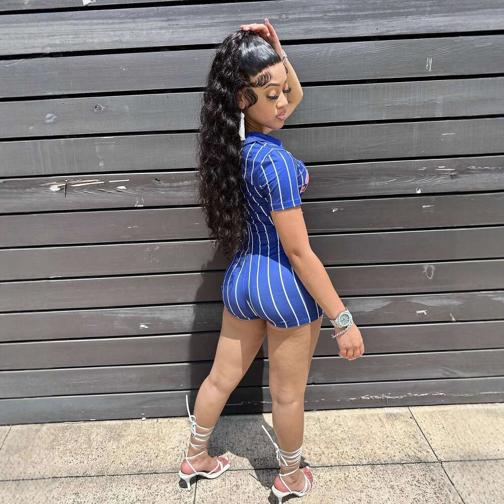 Summer New Women's Fashion Hot Girl Printed Striped Slim Fit Top With Bodycon Shorts Jumpsuit B5