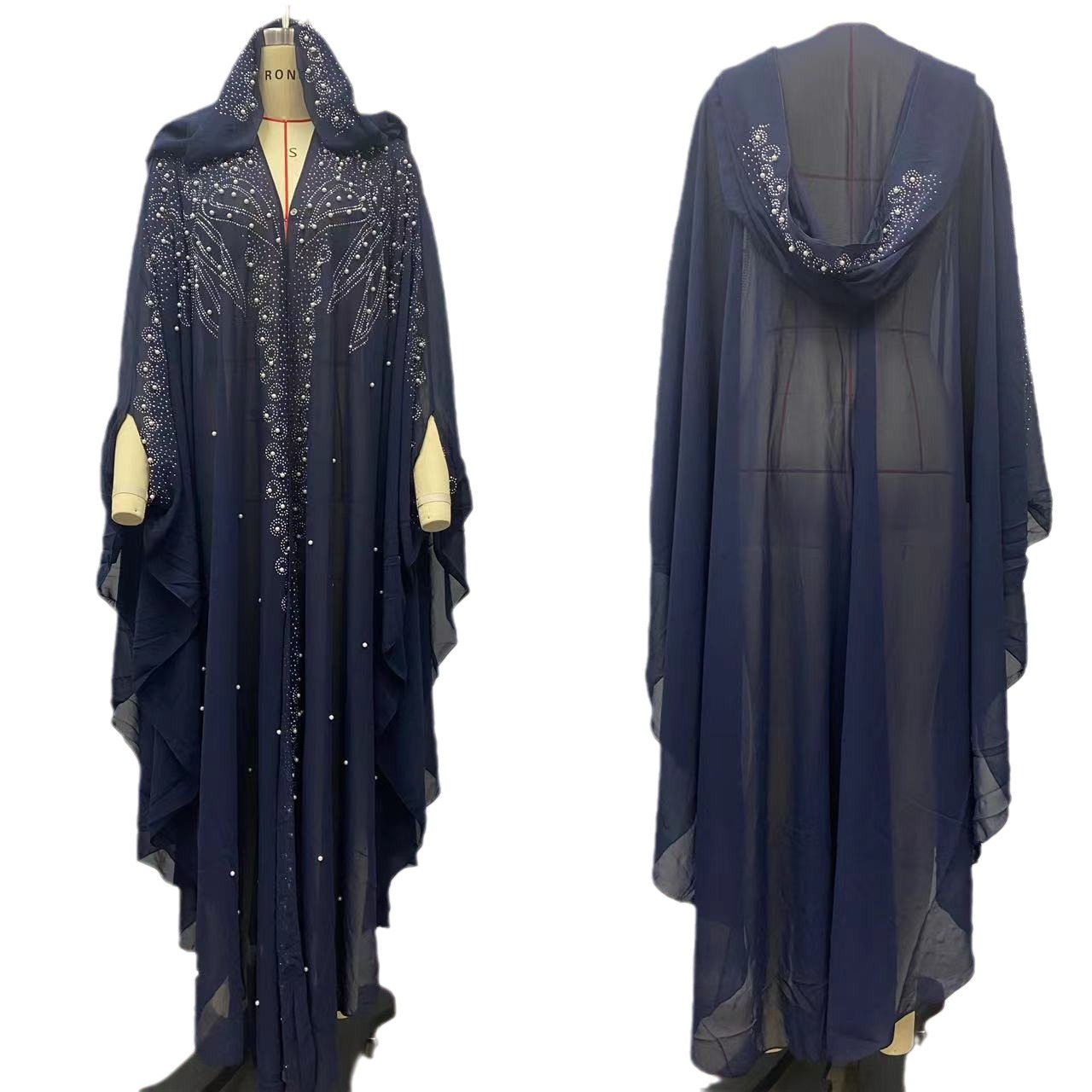 L617Hot Diamond Beaded Robe Muslim Shawl Hooded Cape Dress Bat Sleeve