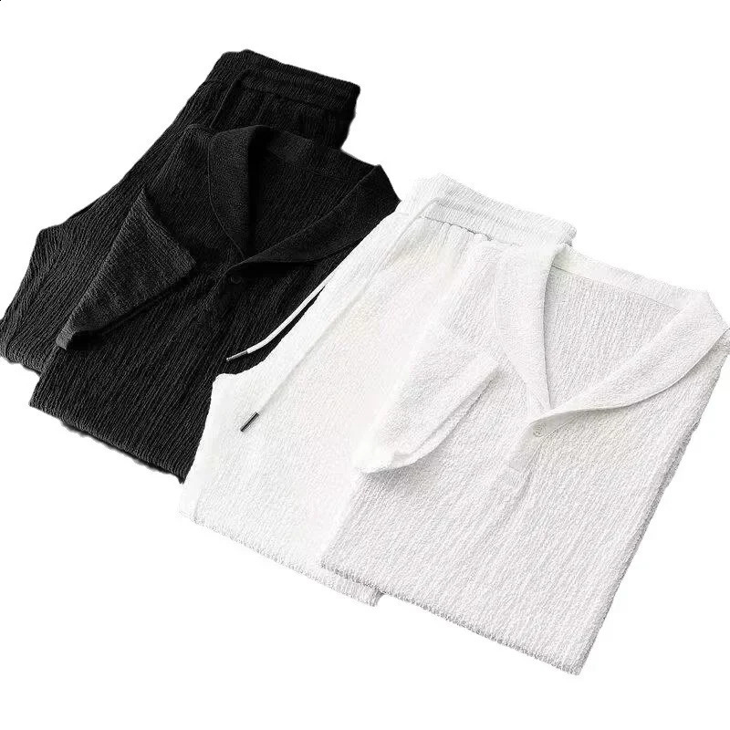 Summer Ultrathin Sleeveless Ice Silk Linen Suit Mens Cotton Set Oversized Loosefit Midsleeve Tshirt Sports Wear 250614