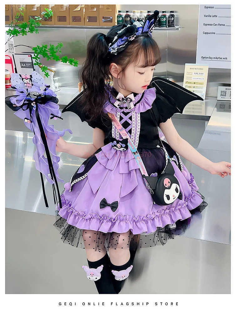 Sanrio 2024 Cosplay Sanrio Kuromi Lolita Princess Dress Children Birthday Party Costume Summer Bow Puffy Skirt Dress Suit Girls Gift XJ250618