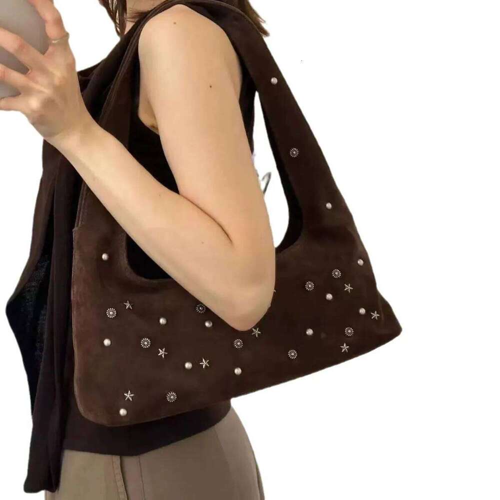 Vintage Frosted Shoulder Bag Half Moon Rivet Tote For Women Faux Suede Handbags And Purses Autumn Winter Hobos Cloud Bags