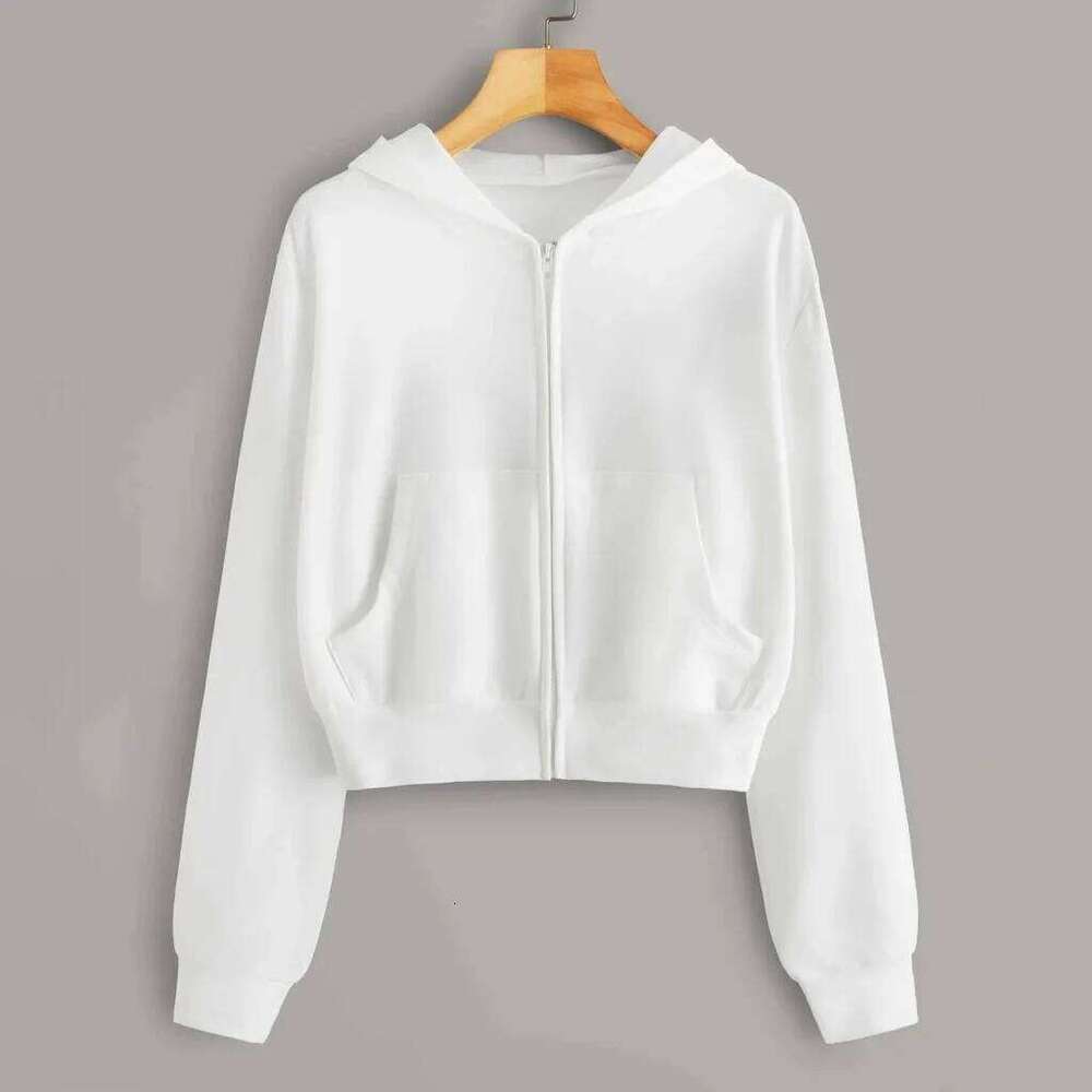 Women's Zip-Up Hoodie, Casual Long Sleeve Off-Shoulder Short Sweatshirt, Solid Color, with Pockets