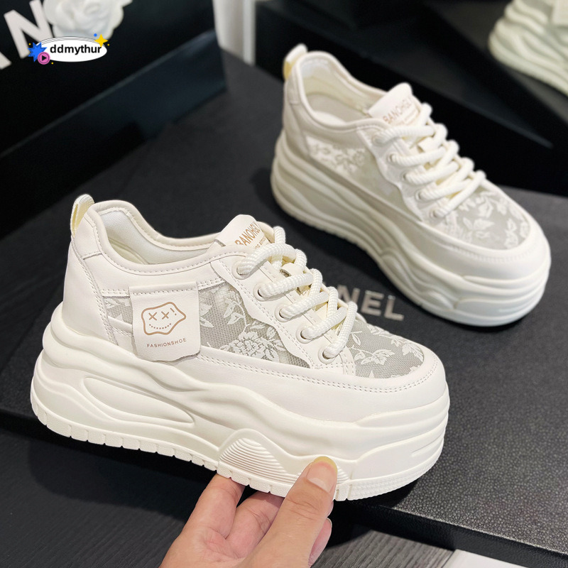 Genuine Leather White Sneakers for Women New Style Single Mesh Breathable Thick Sole Height Increasing Sports Casual Versatile Platform Shoes ddmythur