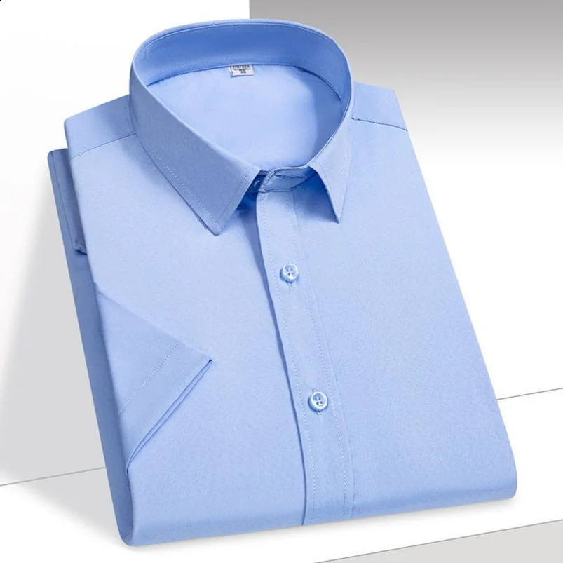 Mens Shirt Short Sleeve Elastic Solid Ice Silk Shirt Easy Care Formal Comfortable Dress Shirts Male Basic Man Clothes 250614
