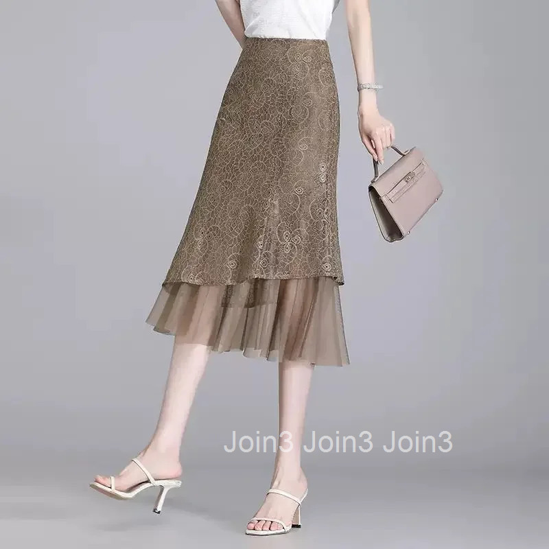 High Waist Tight Lace Midi Skirts for Women Mesh Wrap Tulle Woman Skirt Korean Style Quality Cheap Vintage Summer 2025 New In V