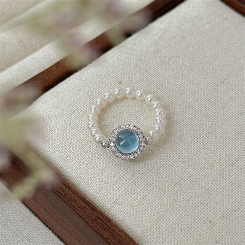 High Aquamarine Pink Imitation Agate Pearl Fashionable High-end Elastic Rope Internet Celebrity Index Finger Ring