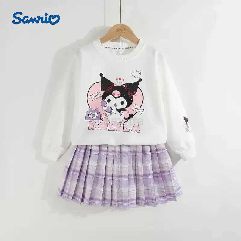 Sanrio Anime Sanrio Children Clothes Kids Set Kuromi Long Sleeve Sweater Tops Checkered Pleated Skirt Girls Festival Clothing Gift XJ250618