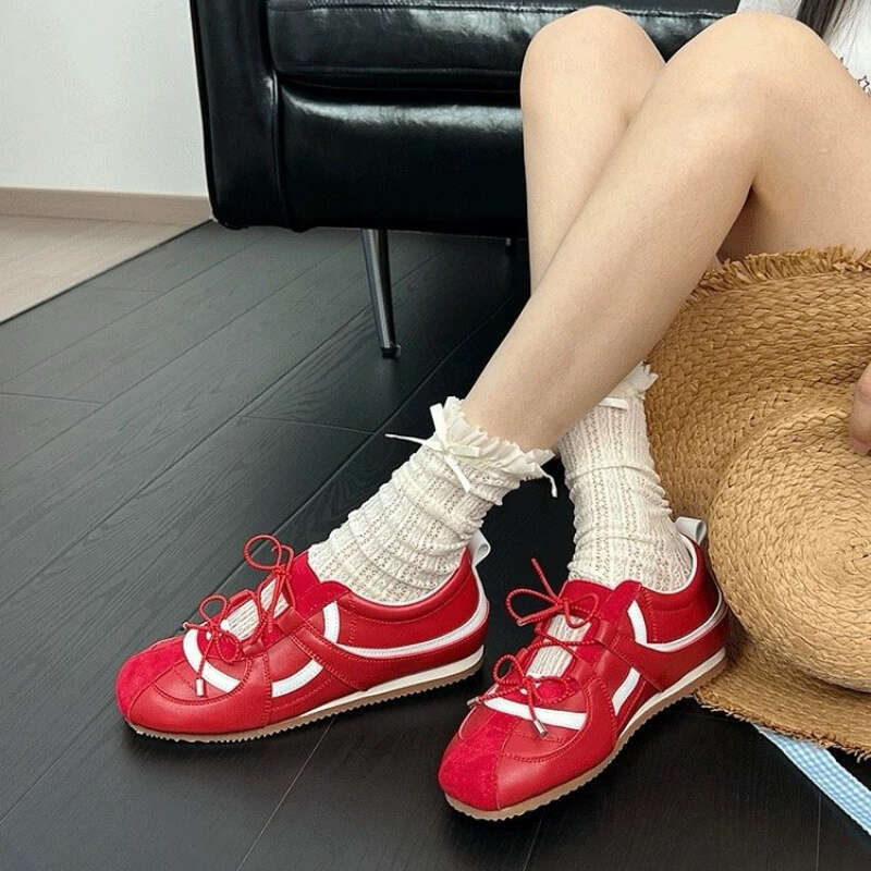 Women'S 2025 New Arrival Ballet-Inspired Low-Top Sneakers - Comfortable Lace-Up with Toe, PU Cover Upper & Rubber Sole, Summer Versatile Shoes fo