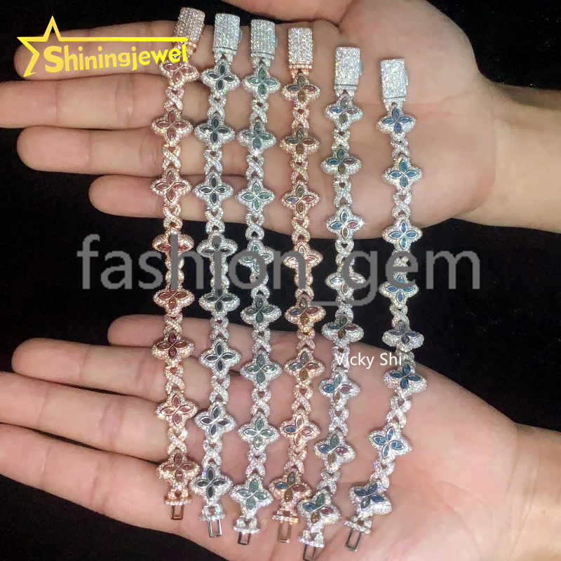 Hot Sell 15MM 925 Sterling Silver Infinity Colored Clover Moissanite Bracelet Iced Out Men Bracelet Moissanite Hip Hop Jewelry