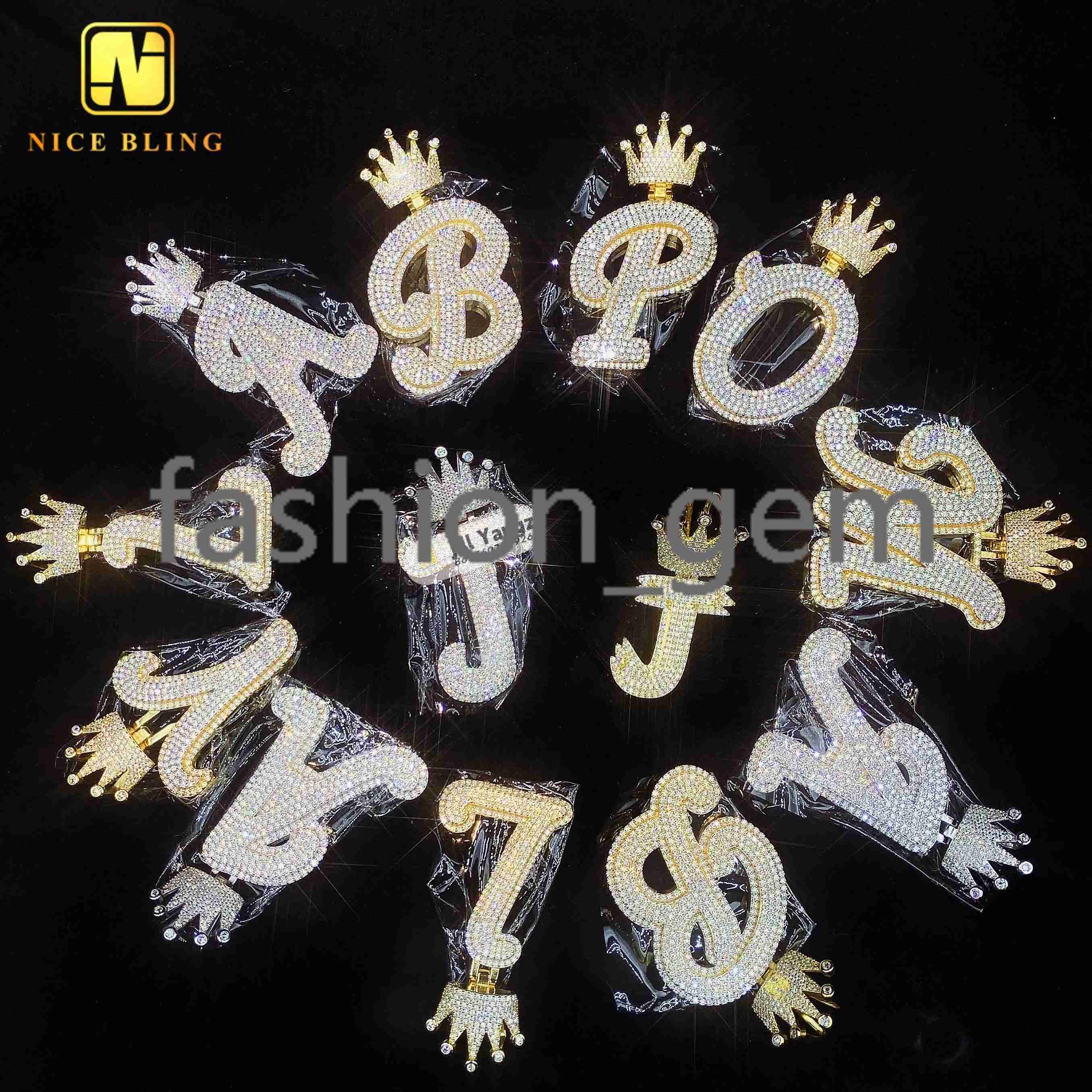 Ready Stocks Initials Letters Pendant Moissanite 925 Silver Hip Hop Rock Letter with Crown Pendant Custom Accepted Gifts