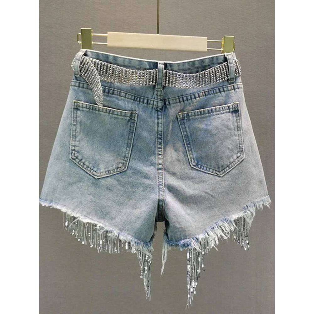 Wear Summer Elegant Lady Tassel Beading High Waist Wide Leg Denim Female Casual Solid Shorts Jeans For Women Clothing