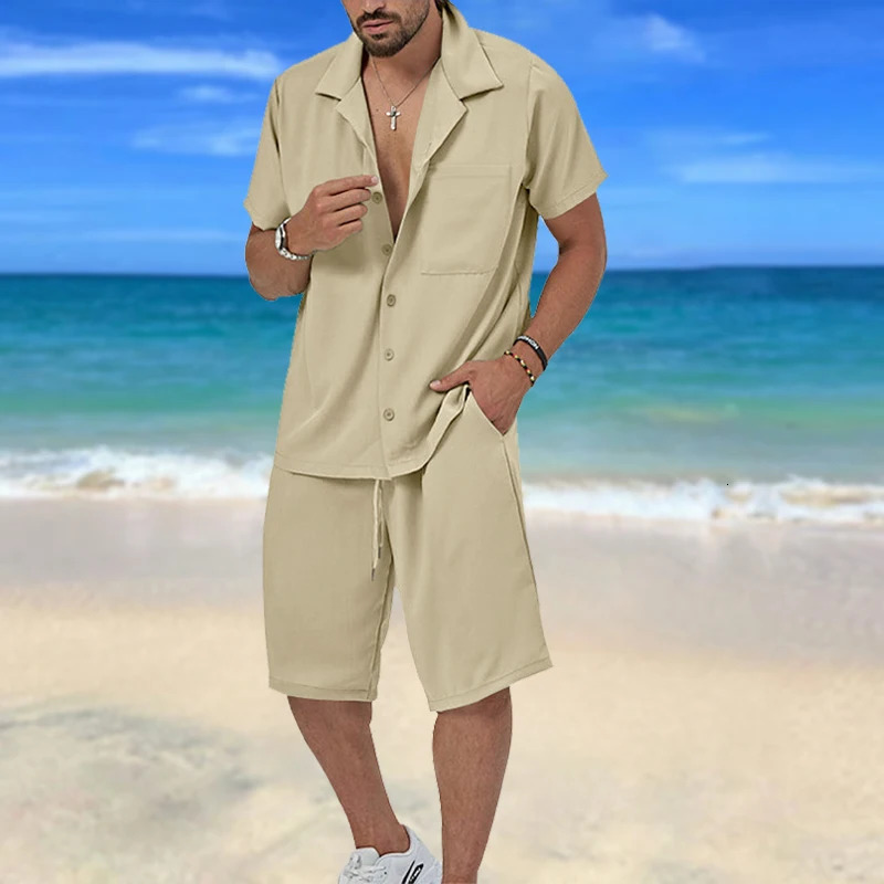 Mens 2Pcs Short Sleeve Shirt And Drawstring Shorts Set Casual Summer Outfit Lapel Button up Clothing Daily Wear 250617