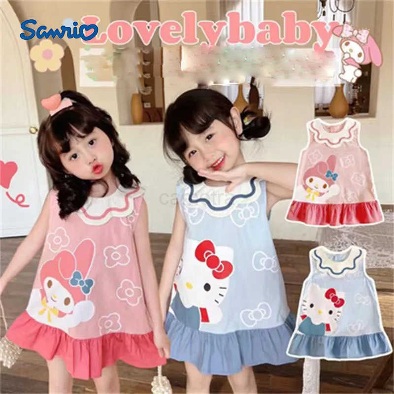 Sanrio Girls Princess Dress Children Cartoon My Melody Hello Kitty Petal Collar Dresses 2025 Summer Kids Sweet Cute Vest Skirt ClothesXJ250618