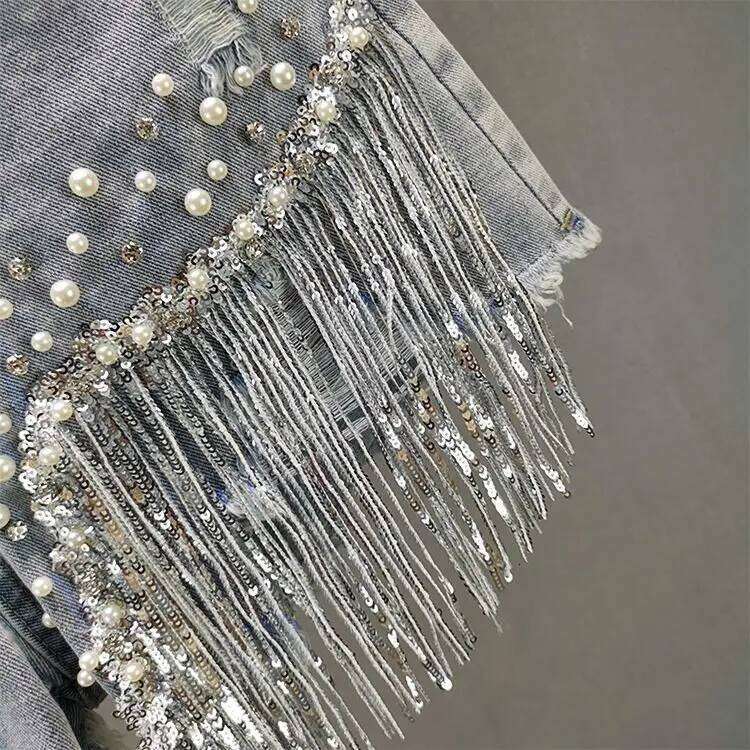 Wear Denim Shorts Women's Summer Clothes New European High Waist Thin Heavy Industry Beaded Sequined Fringed Broken Copper Jeans