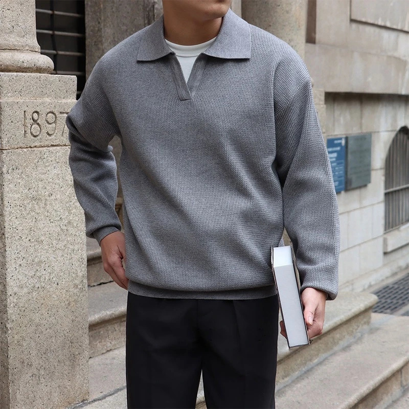 Fashion Solid Color Men Polo Kint Shirt Autumn Long Sleeve Turn-down V-neck Sweater Casual Jumper Tops Mens Knitwear Clothe 250617