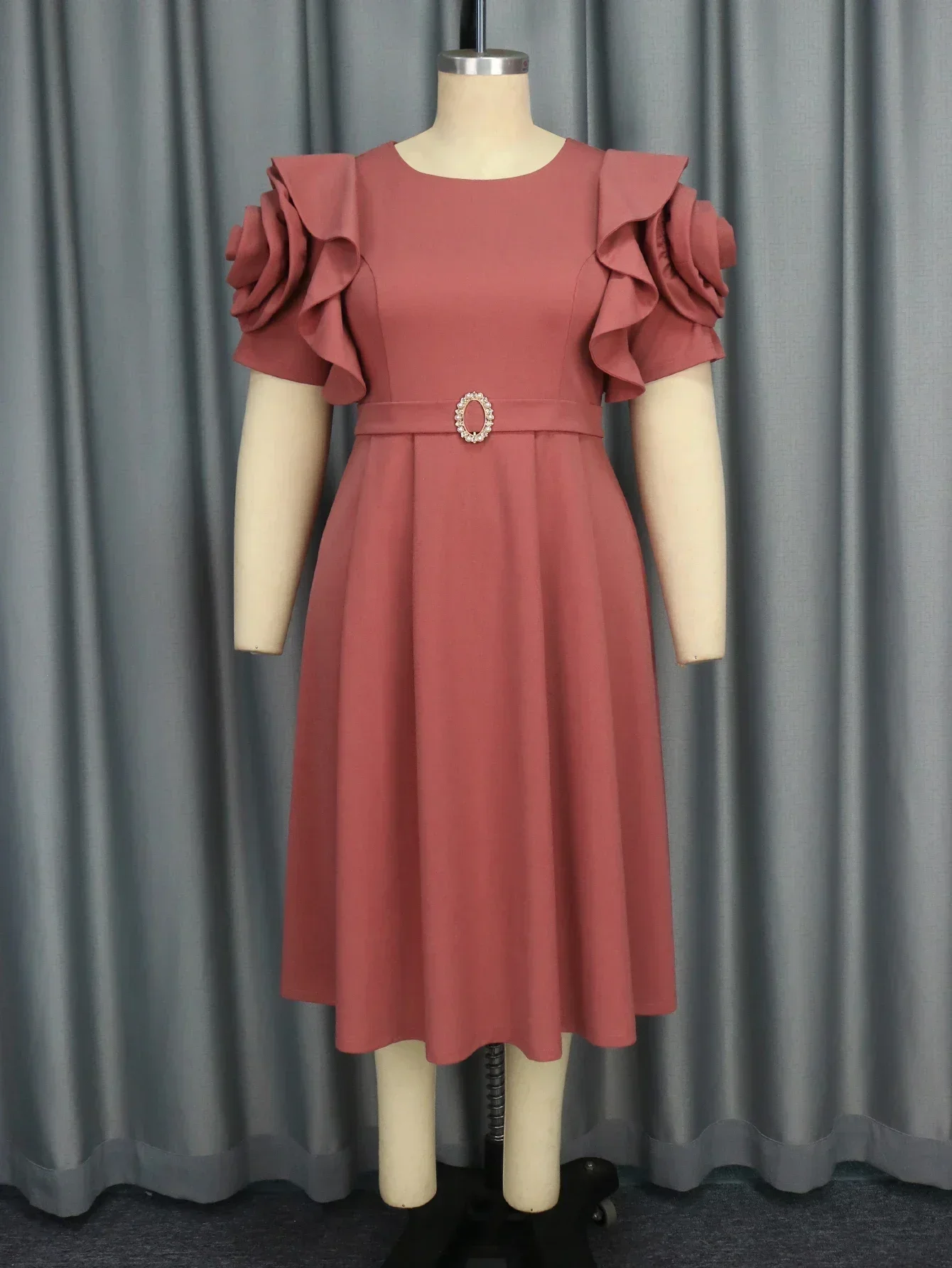 Designers Brown Green Elegant Party Dress Luxury Rose Short Sleeve A-line Folded Dresses Birthday Party Women's Outfits