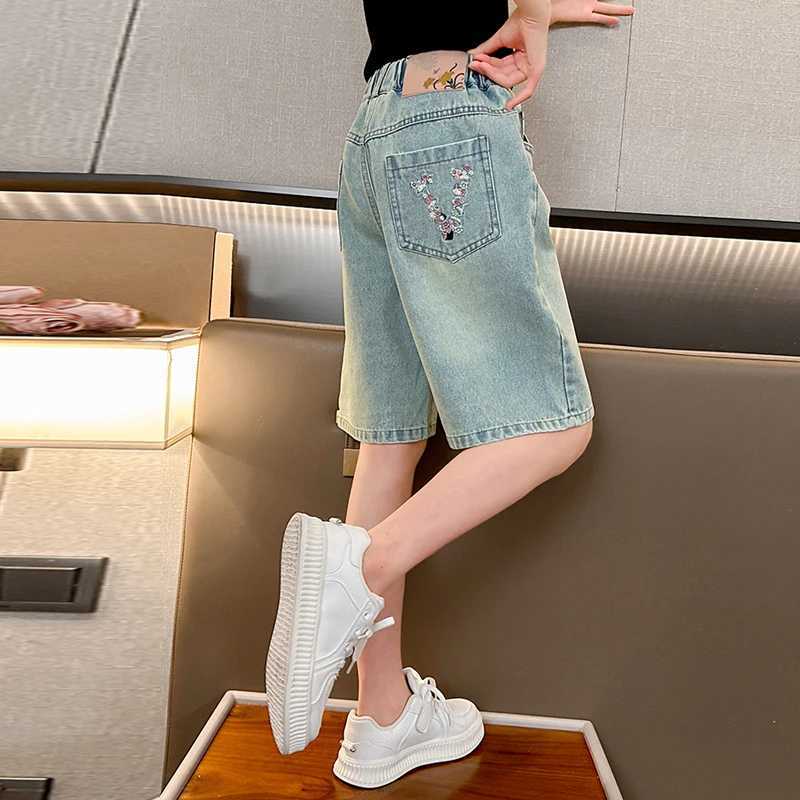Girls back pocket letter mid-pants fashionable and versatile medium-sized childrens waist wide-leg pants casualC250617