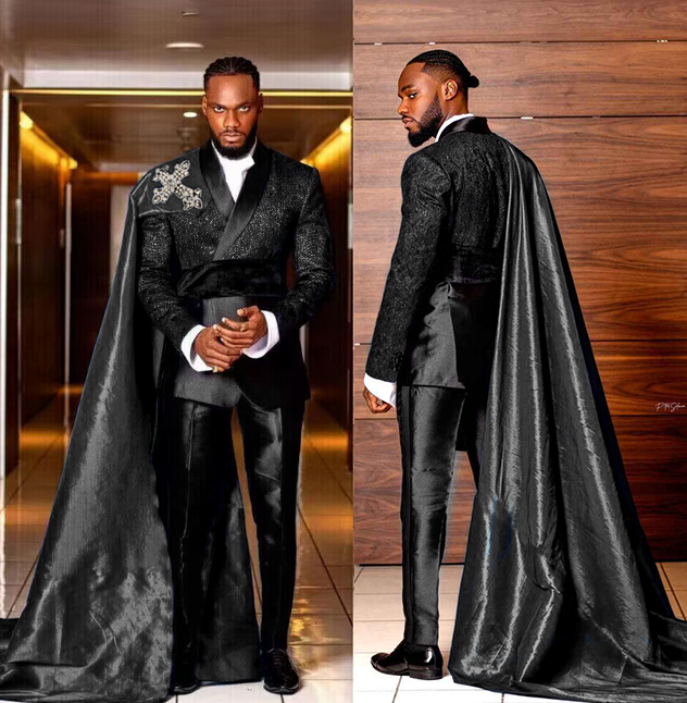 Fashion Modern Men Suit Cross Skull Beetle Applique Shawl Lapel Groom Wear Halloeen Party Tuxedo 3 Pcs (Jacket+Pant+Cape) Customized