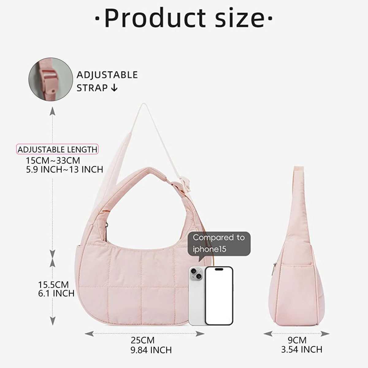 Womens Crescent Nylon Bag Quilted Shoulder Bag Adjustable Shoulder Strap Fluffy Underarm Bag Z250618