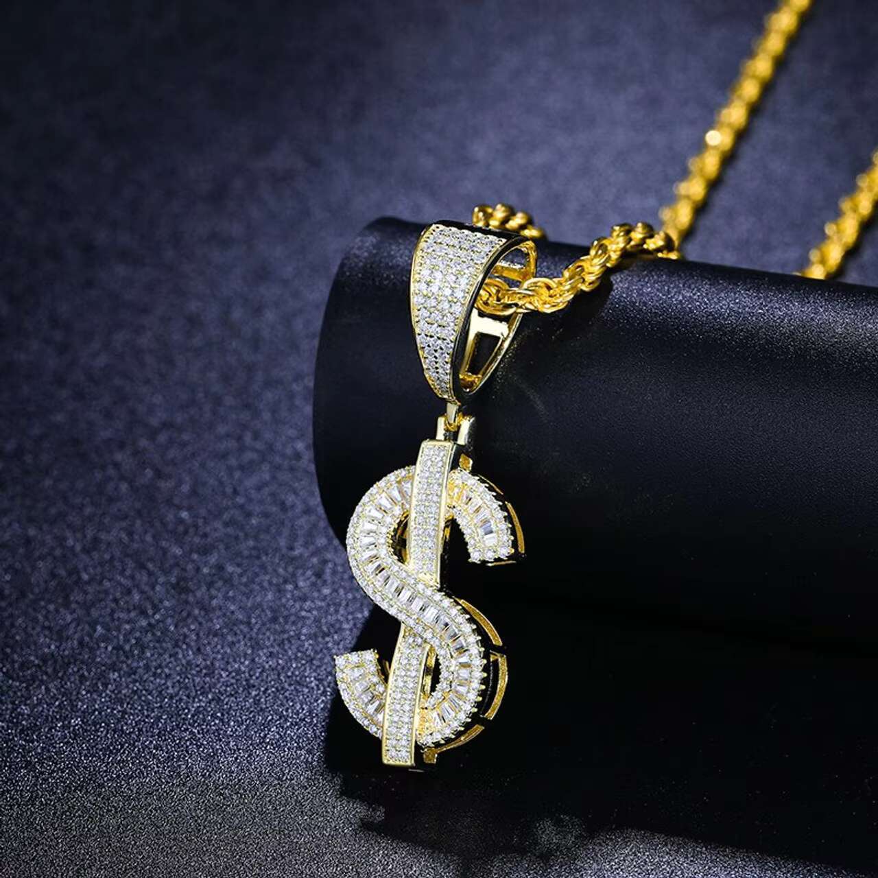 Solid 925 Silver Hip Hop Style Moissanite Pendants Charms New Design Blinged Baguette Dollar Sign Pendant Chain Necklace Comes