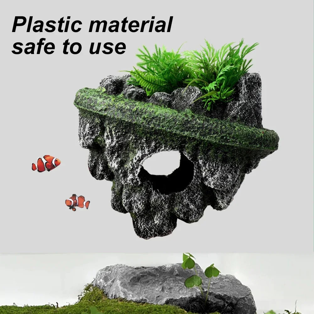 Suspended Island Fish Tank Decorative Creative Floating Stone Simulation Plants Caverns Crafts Ornaments Aquarium Accessories 250613